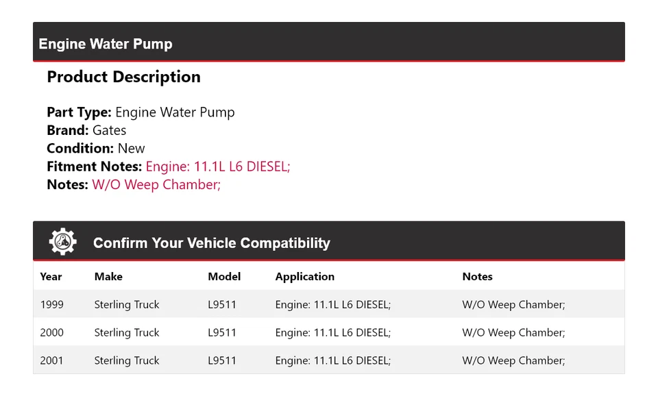 Para camión Sterling 1999-2001 L9511 11,1 L L6 motor diésel bomba de agua puertas 2000 Foto 2 de 4