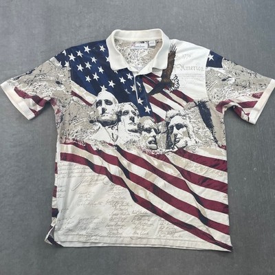 American Summer Mens X-Large Multicolor Polo Shirt Mount Rushmore Eagle Flag USA
