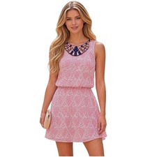 Adrianna Papell Women Dress 6 Pink Lace Jewel Neck Sleeveless Fit Flare