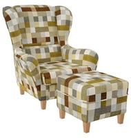 Supellex Sofia Ohrensessel Mit Hocker Patchwork, Kariert, Beige-Ocker