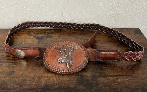 Vintage Braided Leather Deer Belt Buckle Unbranded