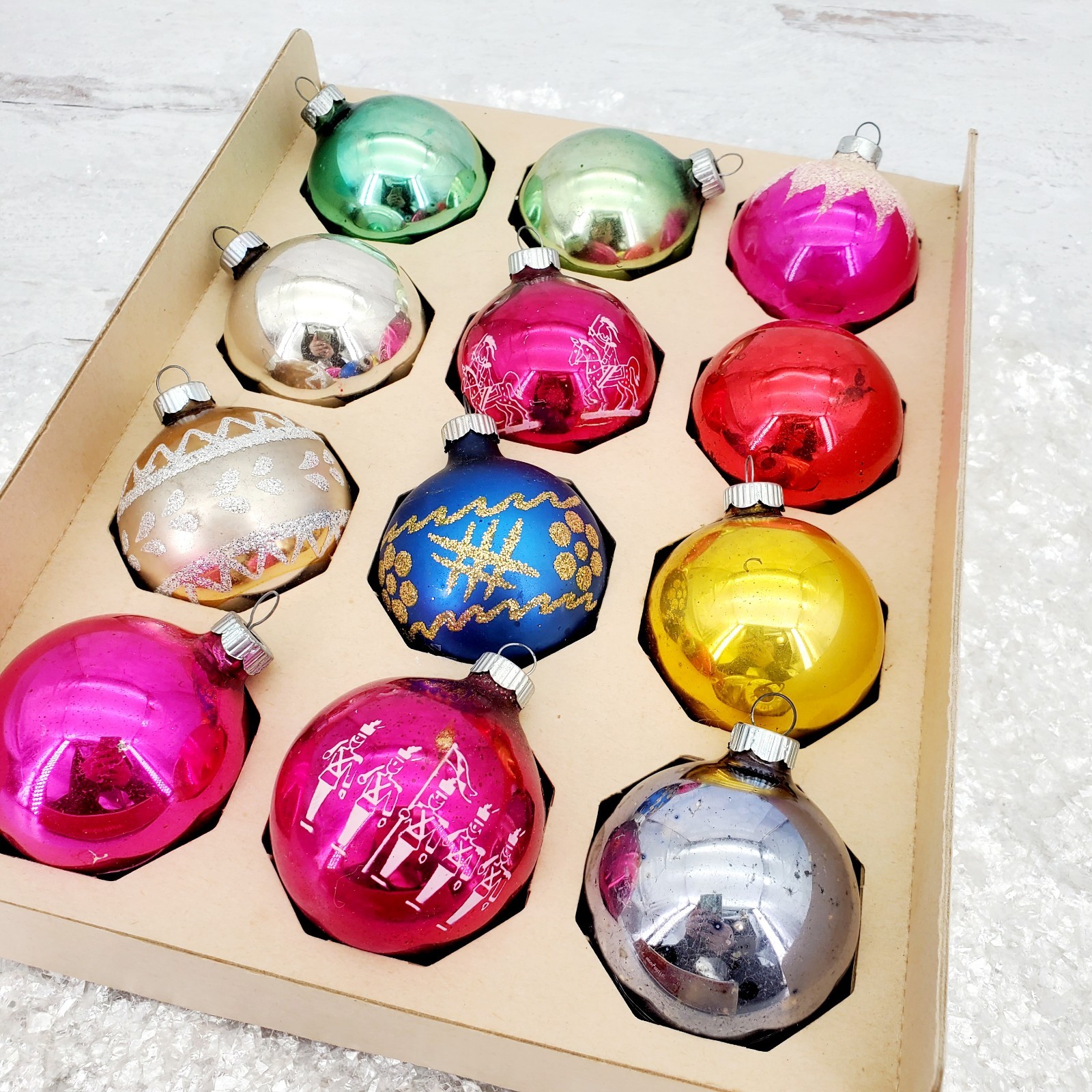Vintage Shiny Brite USA Muticolored Stenciled Mercury Glass Ornaments in Box