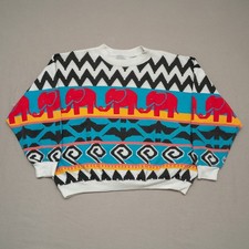Vintage 80s Puff Print Wild Pattern Elephant Bats Multicolor Adult Sweatshirt L