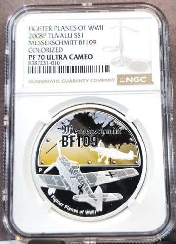 2008 TUVALU SILVER 1 DOLLAR WWII MESSERSCHMITT BF109 NGC PF 70 ULTRA CAMEO RARE