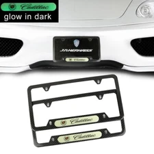 Universal Glow in Dark Green CADILLAC Carbon Look Metal License Plate Frame x2