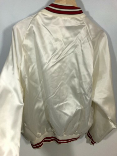 Satin Bomber Jacket XL WHite Pla-Jac Snaps Red Trim Vintage Lined - Picture 5 of 9
