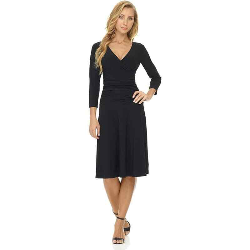 Rekucci Women's Slimming 3/4 Sleeve Fit-and-Flare Crossover Tummy Control Dress Rekucci Women's Slimming 3/4 Sleeve Fit-and-Flare Crossover Tummy Control Dress