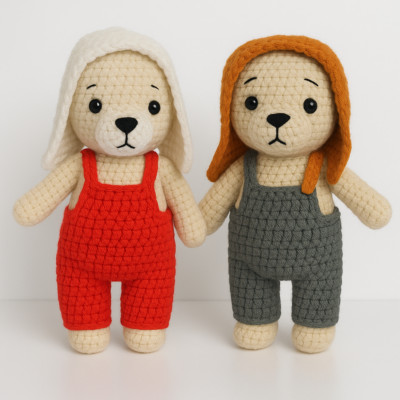 Handmade Crochet Bear Doll Pair | Red & Grey Soft Toy Set Gift for Kids & Babies