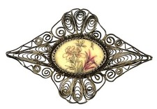 Chinese Export Silver Filigree Brooch Hand Painted Cab Carving Floral Pin 1930s