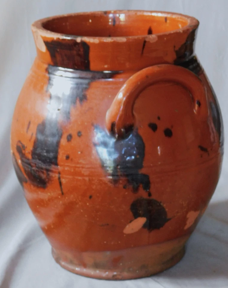 Rare antique redware crock urn manganese splotch  ear handles early 19th century - Image 4 of 4