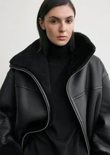 Women's Shearling Black Sheepskin Leather Jacket Fur Coat Oversized Winter Warm