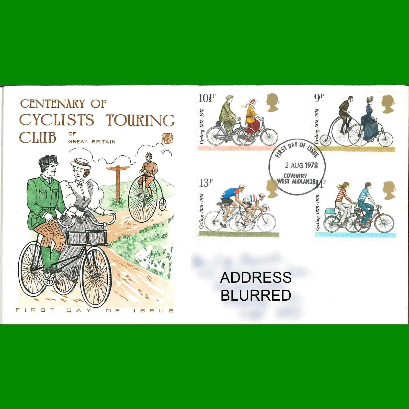 FDC Cycling Centenary Commemorative Post Office First Day Cover Stamps, 2.8.1978 - Picture 1 of 3