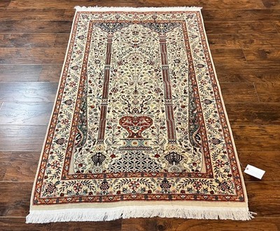 Pak Per'sian Prayer Rug 4x6 Tree of Life Carpet Handmade Wool Vintage Beige