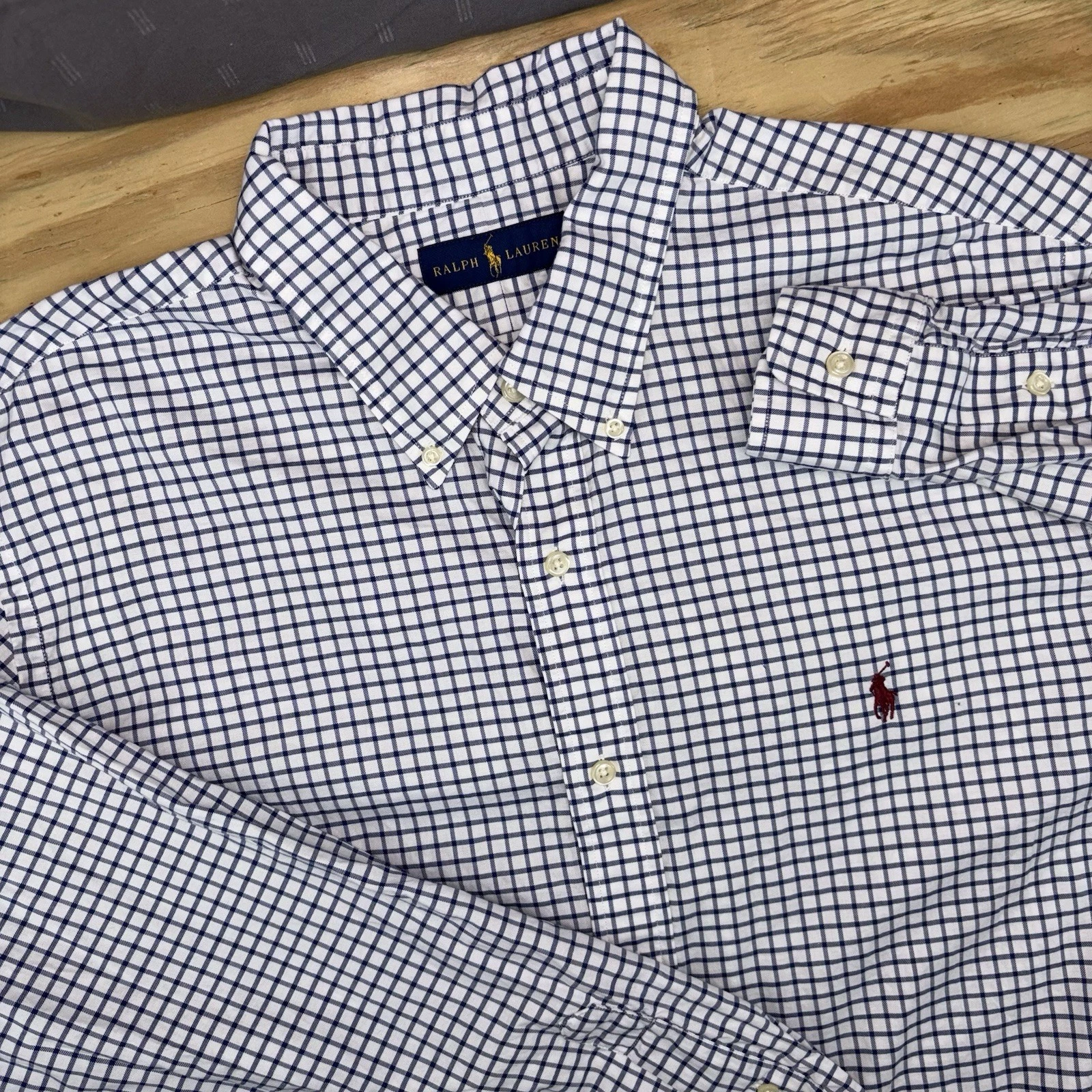 Polo Ralph Lauren Button Down Mens XXL 2XL White Blue Plaid Check Long Sleeve