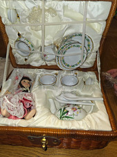 Porcelain Miniature Tea Set in Wicker Basket Carry Case with Doll