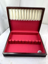 Vtg Wooden Flatware Storage Chest Box Case Brown Service 12 Silverware 14.5x11x3