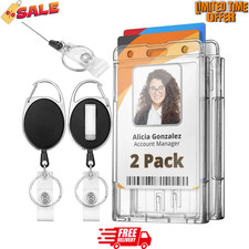 Rigid ID Badge Holder w/Retractable Reel Clip Clear, 2 Pack , Horizontal or Ver