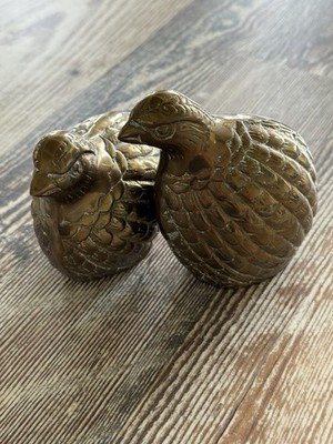Mid Century Solid Brass Quail Figurines: Vintage Bird Pair