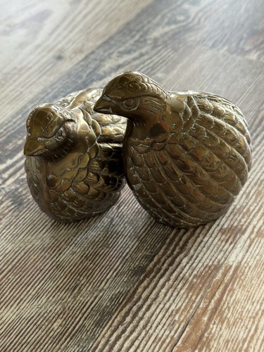 Mid Century Solid Brass Quail Figurines: Vintage Bird Pair