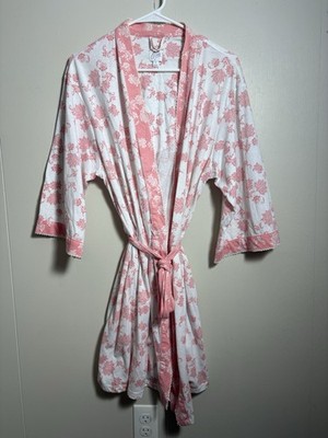 Aria L Pink White Floral Robe Kimono Style Tie Waist Spa Loungewear Comfy
