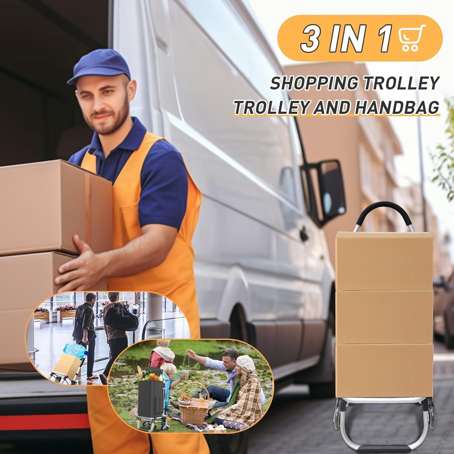 Foldable 3-in-1 Grocery Cart with 6 Wheels & Waterproof Bag - 110 lbs Capacity