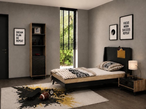 Einzelbett Jugendbett Grau Beige Modern Kopfteil Schlafzimmer-image