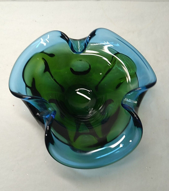 Art Glass Blue & Green Ashtray Small Dish Murano Style