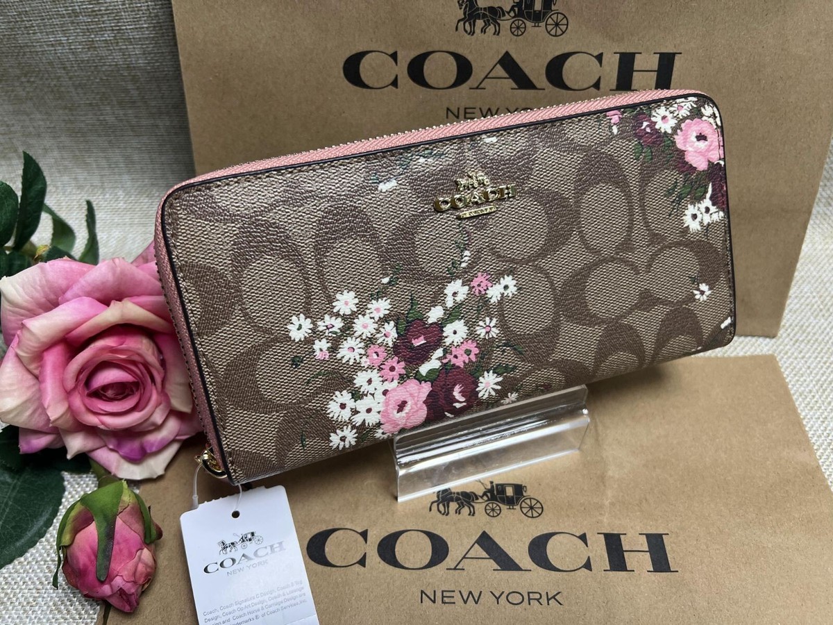 COACH Brown Signature Pink Floral Flower Long Wallet Round Zip