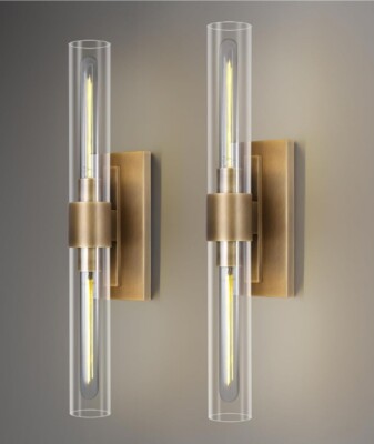 Set Of 2 Brass Wall Sconces, 2-Light Glass Tube Wall Sconces, Indoor Wall Sconce