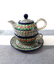 Boleslawiec Ceramics Artystyczna Polish Pottery Teapot Teacup And Saucer 4 Piece