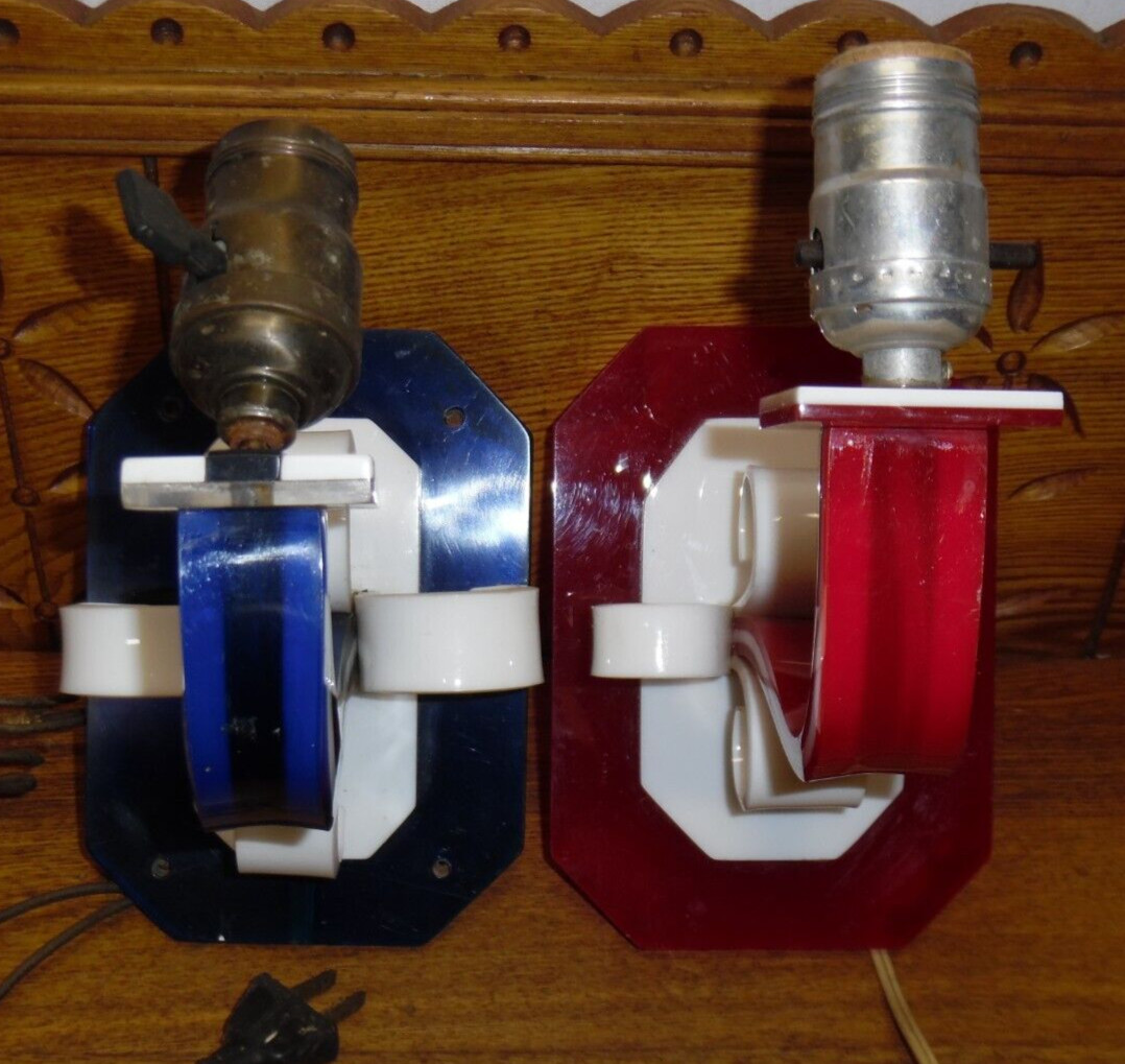 2 Vintage Retro Modern Red & Blue Bakelite Wall Lamp Sconces - AS IS
