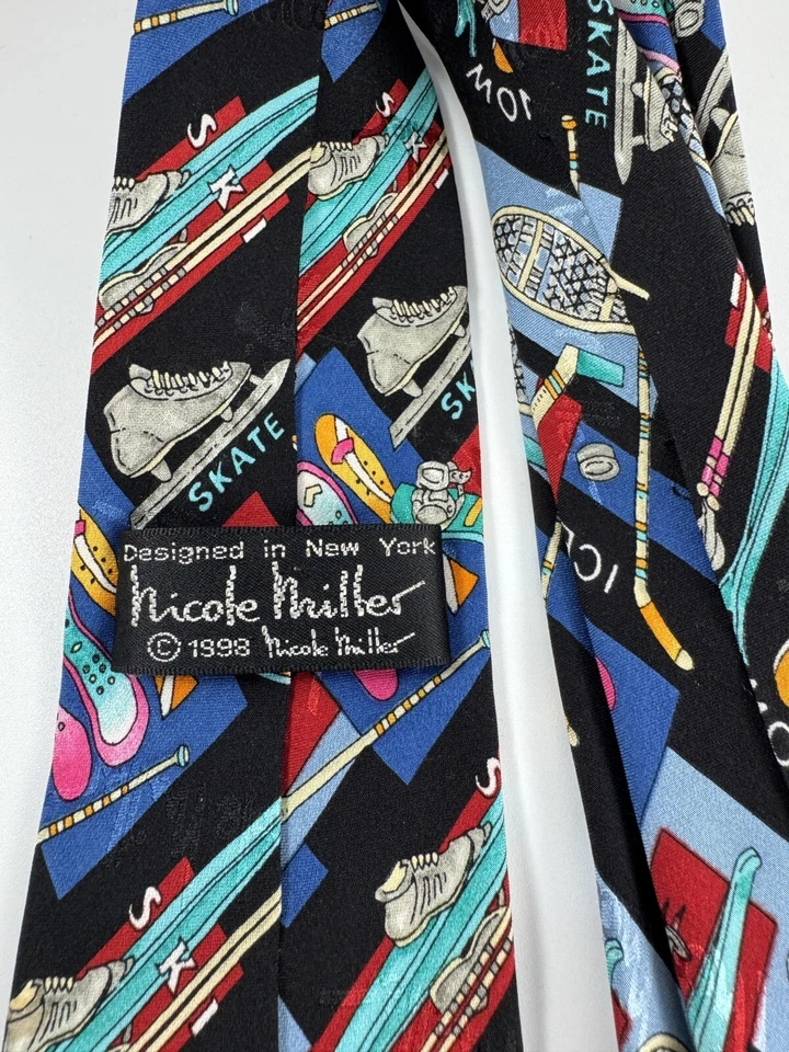 Винтажный мужской шелковый галстук 1998 Nicole Miller Winter Sports Olympics 52 1/2 x 3 дюйма Y2K - Изображение 4 из 4