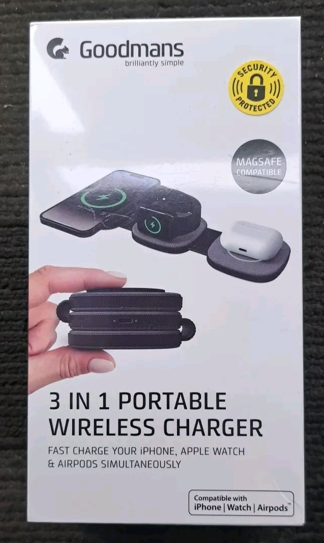 Goodmans 3 In 1 Portable Wireless Charger iPhone,  Watch, Airpods Magsafe Black