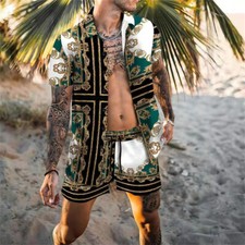Mens Summer Outfit 2-Piece Set Short Sleeve Button Shirts and Shorts Sweatsuit
