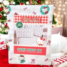 Sanrio Hello Kitty Queen Sheet Set Christmas Wreaths  Bows Cotton Bedding New