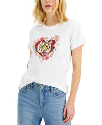 /LX005/ INC Cotton Printed Tiger Crewneck T-Shirt Top White Sz S