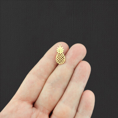 2 Pineapple Gold Tone Stainless Steel Charms 2 Sided - SSP20