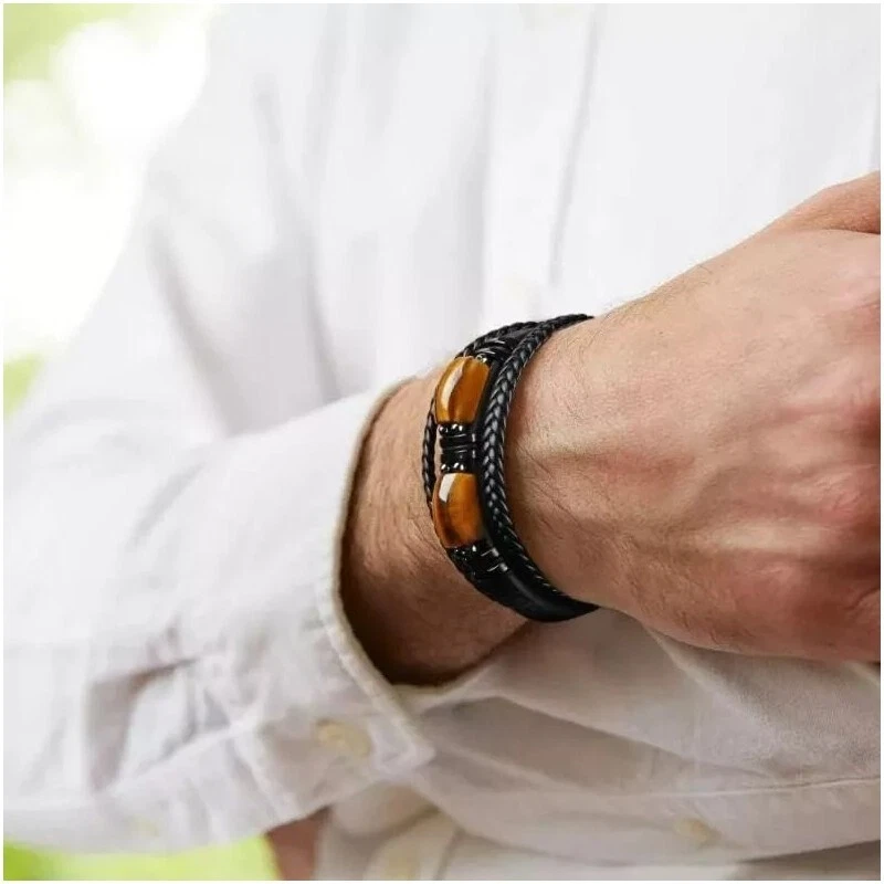 Brazalete con cierre magnético de cuero trenzado de acero inoxidable ojo de tigre para hombre Foto 3 de 4