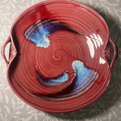 Handmade Studio Pottery Red Glazed Serving Platter with Handles Blue Drip 12''