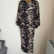 Biba Size 16 Dress Brown Zebra Print Jersey Midi Ruched Long Sleeve Brand New