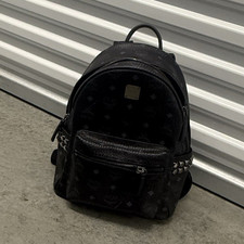 MCM unisex Black Monogram Studded Backpack Zip Closure Silver Hardware