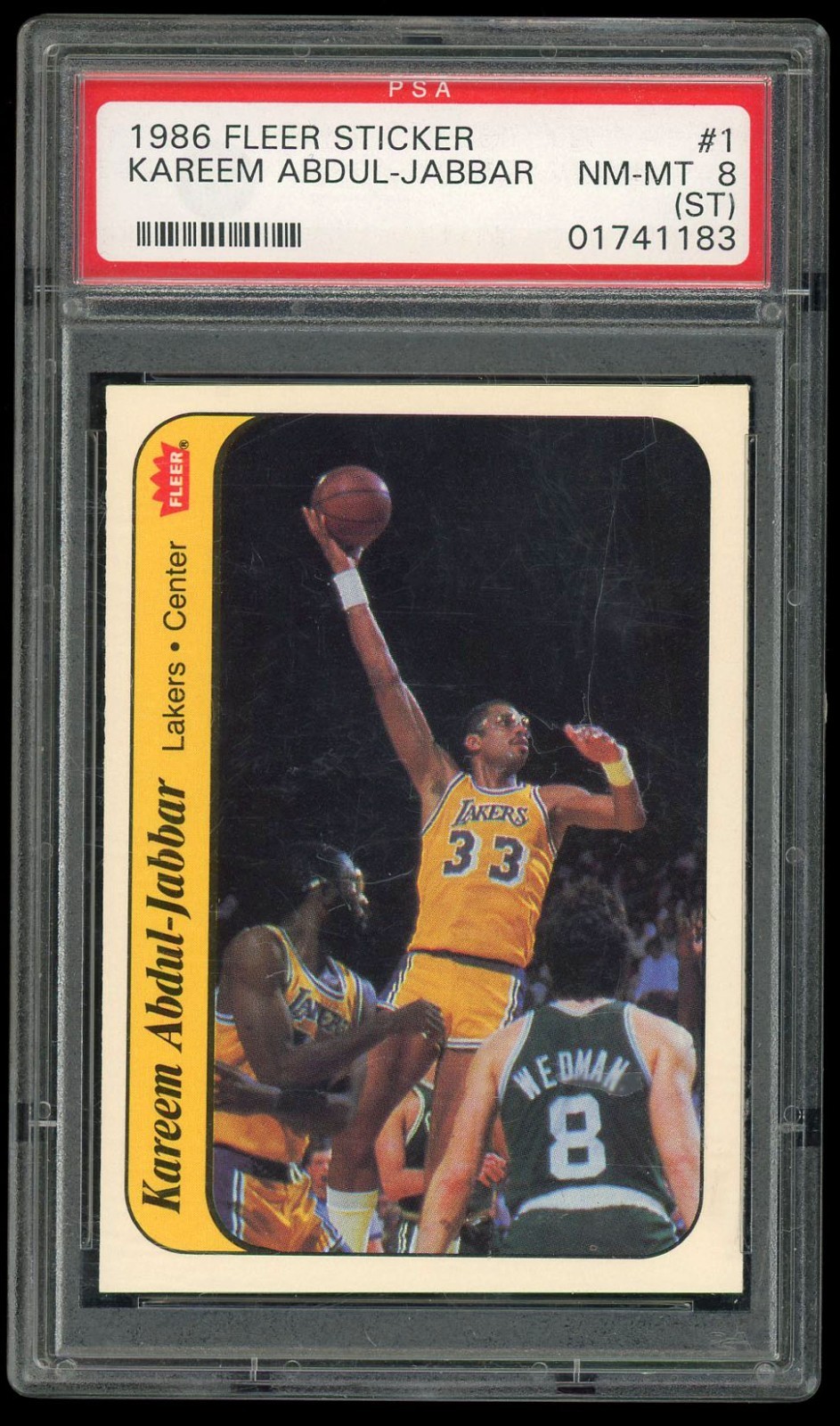 Kareem Abdul-Jabbar 1986 Fleer Sticker 1 PSA 8 (ST) LAKERS HOF view 1