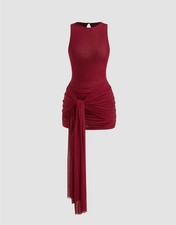 Cider Mesh Draped Ruched Knotted Mini Dress