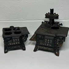 Vintage "Queen" Cast Iron Wood Burning Stove w/Pans Toy Miniature Lot