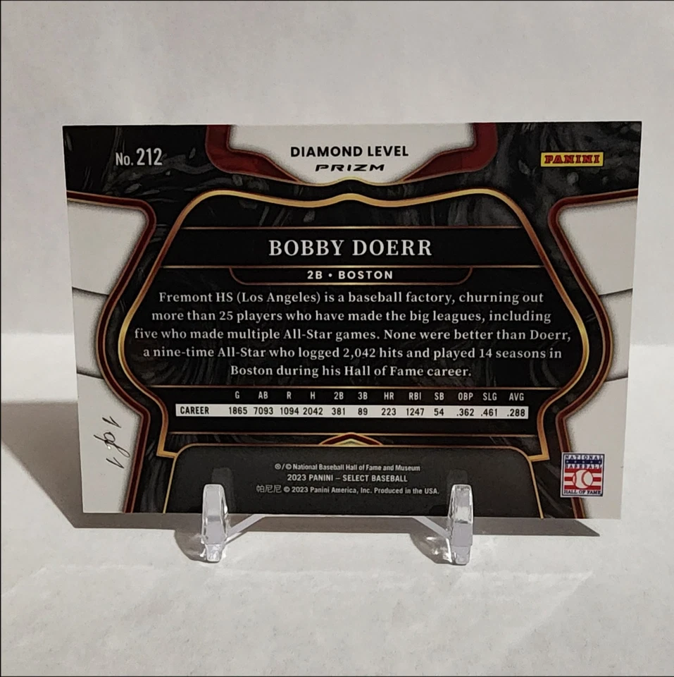 2023 Panini Select Diamond Level Bobby Doerr 1 OF 1 Card #212.  - Image 2 of 2