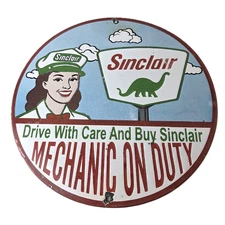 Vintage Sinclair Gasoline Sign - Mechanic on Duty Gas Porcelain Pump Sign