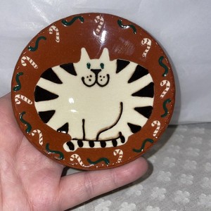 Small Brown Plate W/ Cat And Candy Canes