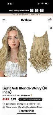 thathair HALO Hair Extensions - Ash Blonde
2 packages
1 curly
1 straight Halo Hair Extensions - Buy 1, Get 1 Free | Thathair main image 3