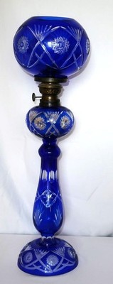 Vintage Antique Blue Bohemian Czech Cut To Clear Glass Oil Kerosene Lamp 23'' (A)