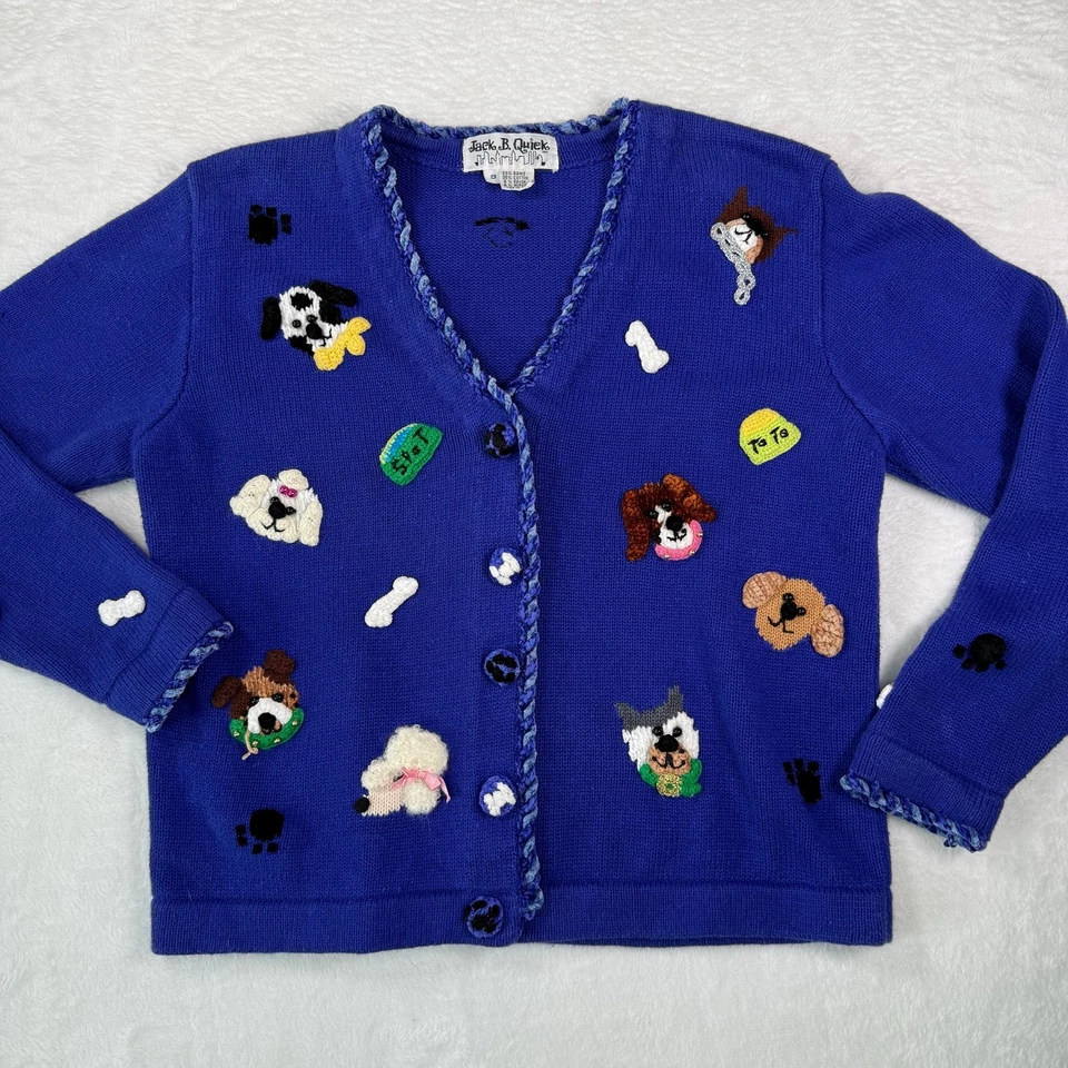 Jack B. vintage Cárdigan Quick Blue Puppy Dog Apliques Cuello en V Talla Pequeña Foto 2 de 4